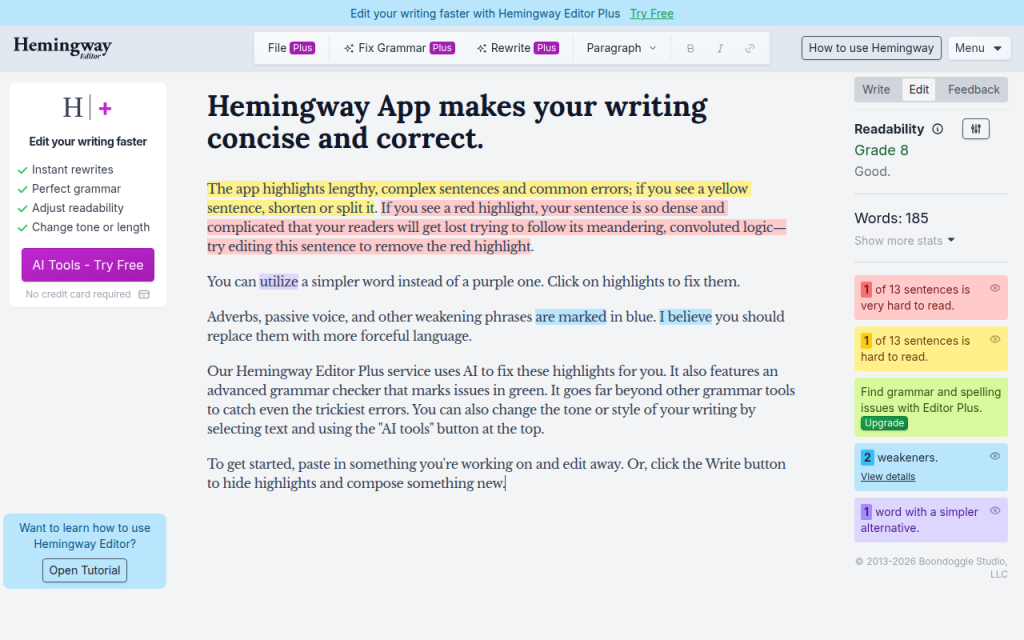 Screenshot of hemingwayapp.com