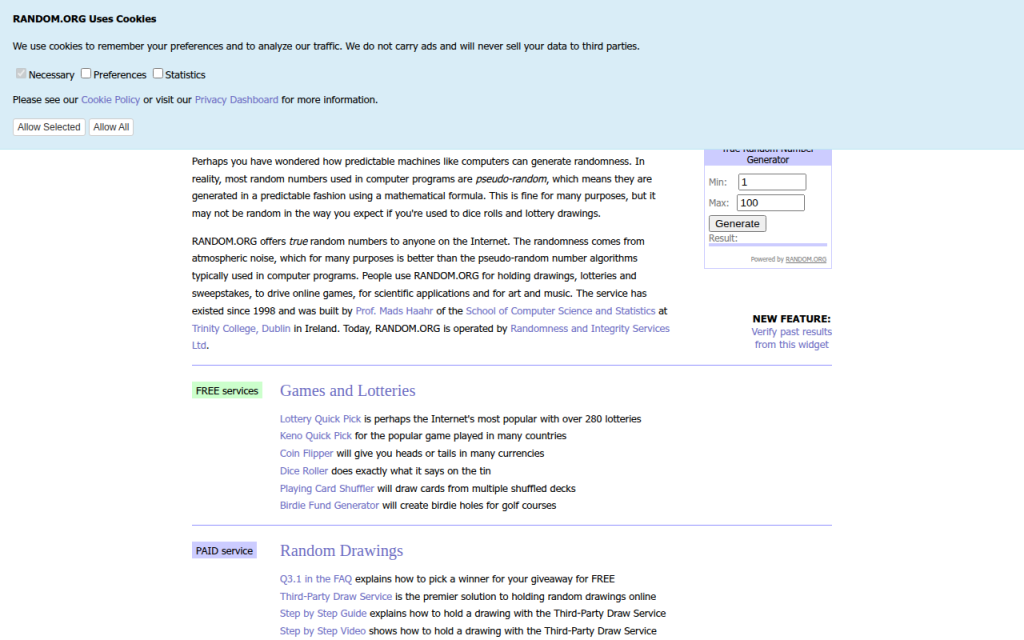 Screenshot of random.org