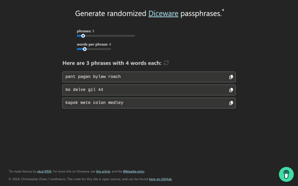 Screenshot of home page for diceware.org
