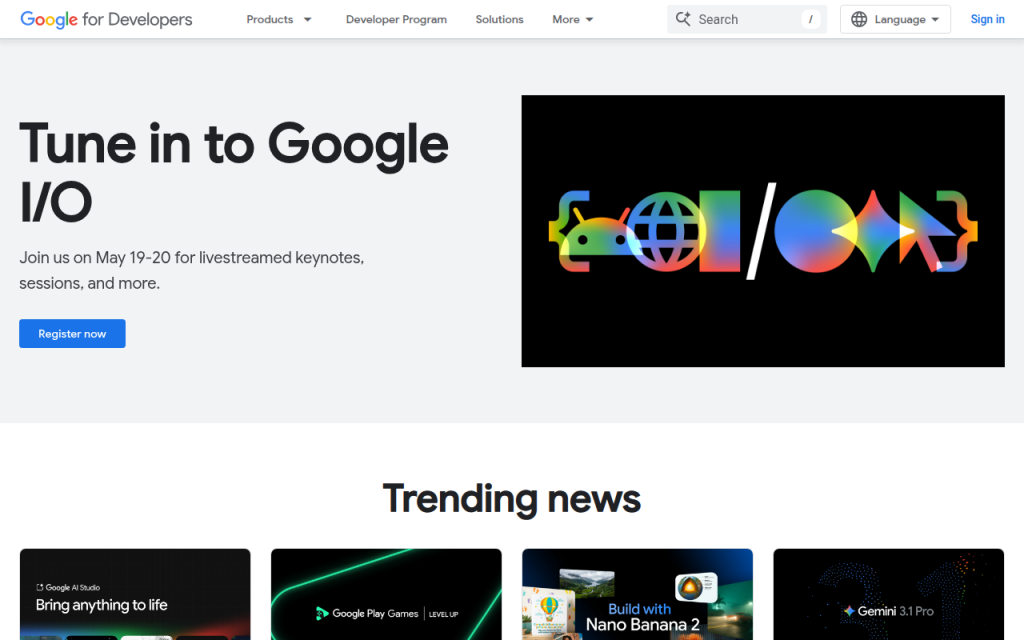 Screenshot of developers.google.com