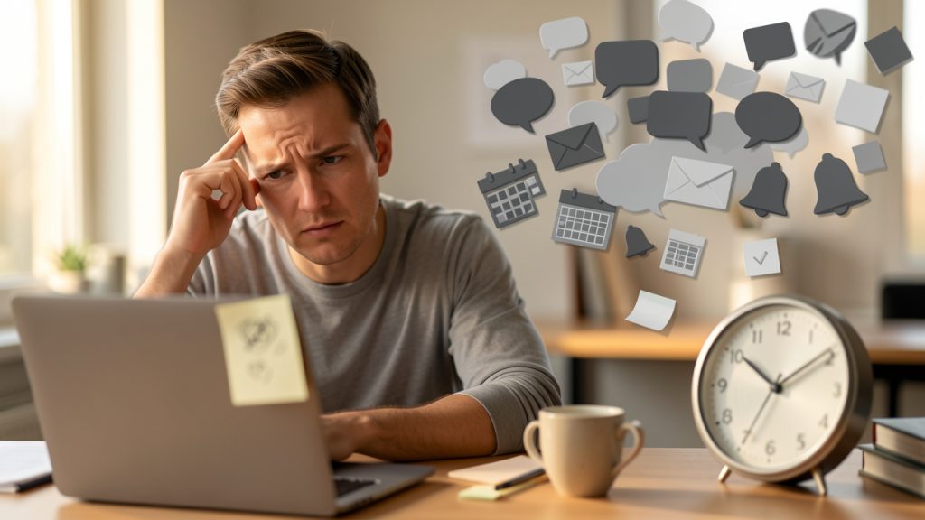 A visual of a single afternoon being eaten by many small interruptions: floating icons for chat messages, email alerts, a calendar notification, a half-finished task sticky note, and a developer looking distracted while the clock hands spin quickly. The composition should convey that fragmented, small events aggregate into a large loss of focused time.