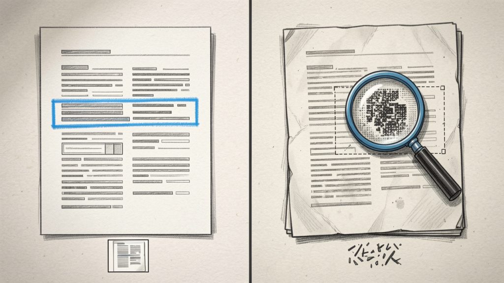 Side-by-side illustration showing (A) a 'digital PDF' with selectable text and embedded layout metadata, and (B) a 'scanned PDF' that is an image of a page requiring OCR. Label differences (selectable text vs image, OCR required) and show typical outcomes after conversion.