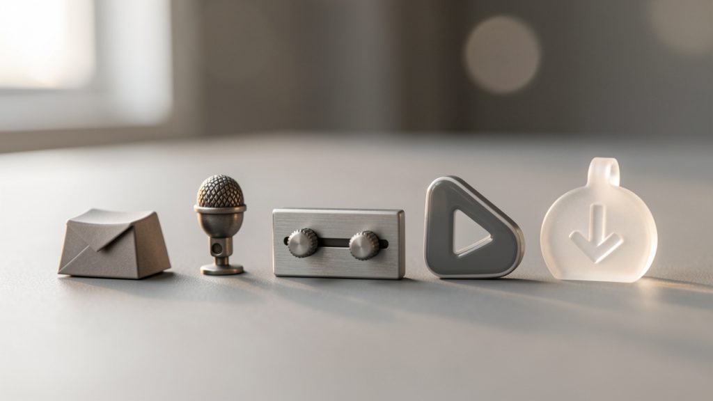 A simple flowchart of the typical browser-based TTS workflow: 1) Paste or type text -> 2) Choose language/voice -> 3) Adjust rate/pitch -> 4) Preview playback -> 5) Export/download MP3. Include small icons for each step (text, voice, sliders, play, download).