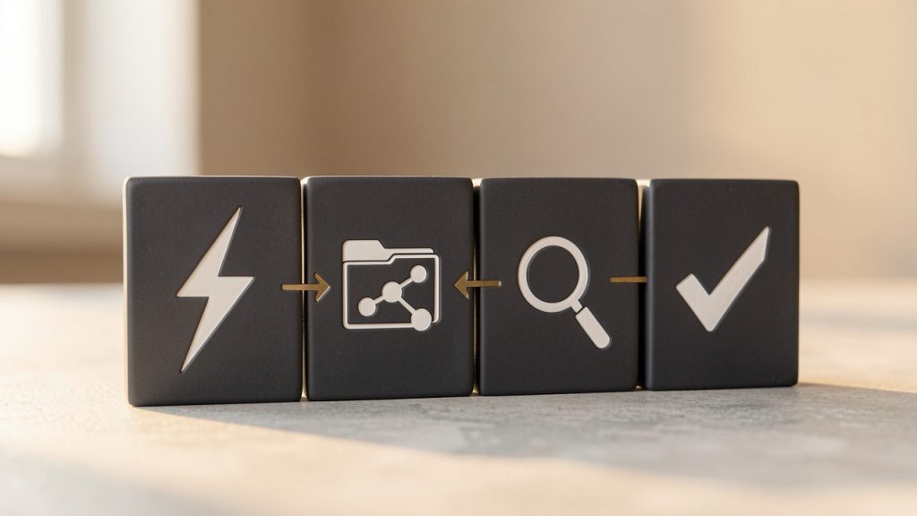 A clean, simple flow diagram showing the four functional layers as stacked or sequential blocks: Capture -> Organization -> Retrieval -> Action. Each block has a small icon (e.g., lightning bolt for capture, folder/tag/linked nodes for organization, magnifying glass for retrieval, checklist/arrow for action) and arrows indicating information flow between them.