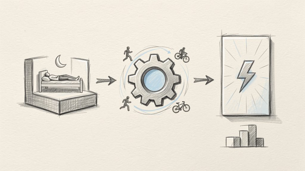 Diagram showing how BMR and activity multiplier combine to produce TDEE: a base block labeled “BMR (resting calories)” with an arrow into a multiplier cog labeled “Activity factor (e.g., 1.2–1.9)” producing an output block labeled “TDEE (total daily energy expenditure)”. Include a small numeric example (BMR 1500 × 1.55 = 2325).