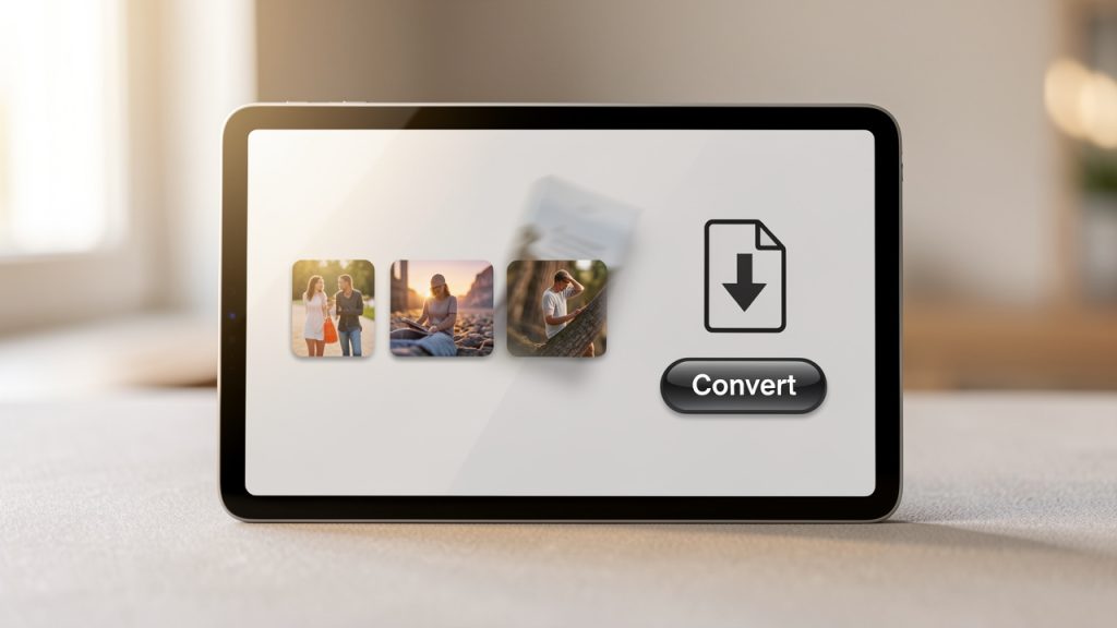 Convert JPG to PDF Online Free: Fast, Secure & Easy 28 A simple web UI mockup showing multiple JPG thumbnails being dragged into order, a prominent 'Convert' button, and a single PDF file icon with a download arrow. Include small labels: 'Upload', 'Reorder', 'Convert', 'Download'.