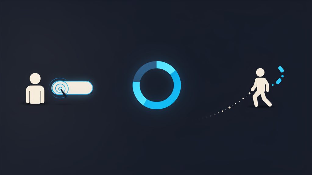 اختبار سرعة الموقع المجاني: تحسين سرعة التحميل والتحويلات 2 A visitor clicking a link, watching a spinning loading indicator, then leaving — visualizing bounce due to slow load (emphasis on lost conversions and dropping trust).