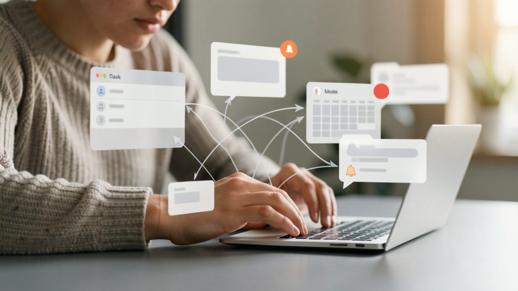 A visual of 'tool friction': multiple app windows/icons (notes app, task manager, calendar, chat, file storage) scattered around a person at a desk. Arrows between apps cross and tangle, and small visual 'noise' symbols (bells, red dots) indicate notifications. Emphasize friction and fragmentation rather than complexity.