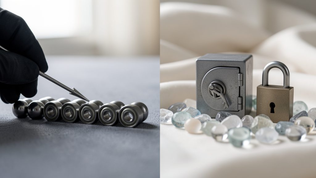 PRNG vs CSPRNG comparison, left: Math.random()/PRNG with predictable-sequence icon, right: window.crypto.getRandomValues()/CSPRNG with locked vault icon