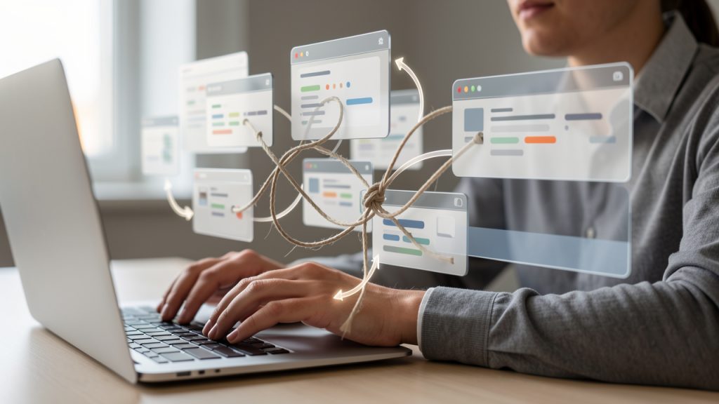 A knowledge worker at a desk surrounded by many floating app windows and browser tabs (task manager, notes, chat, calendar), with arrows showing duplicated entries and a tangled line labeled “context loss” to convey fractured context and constant switching between tabs.