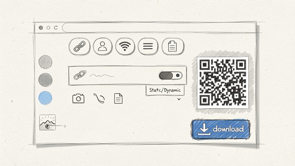 Browser-based QR code generator interface showing content-type buttons, input field with a sample URL, Static/Dynamic toggle, export format dropdown, color & logo customization controls, and a live QR preview