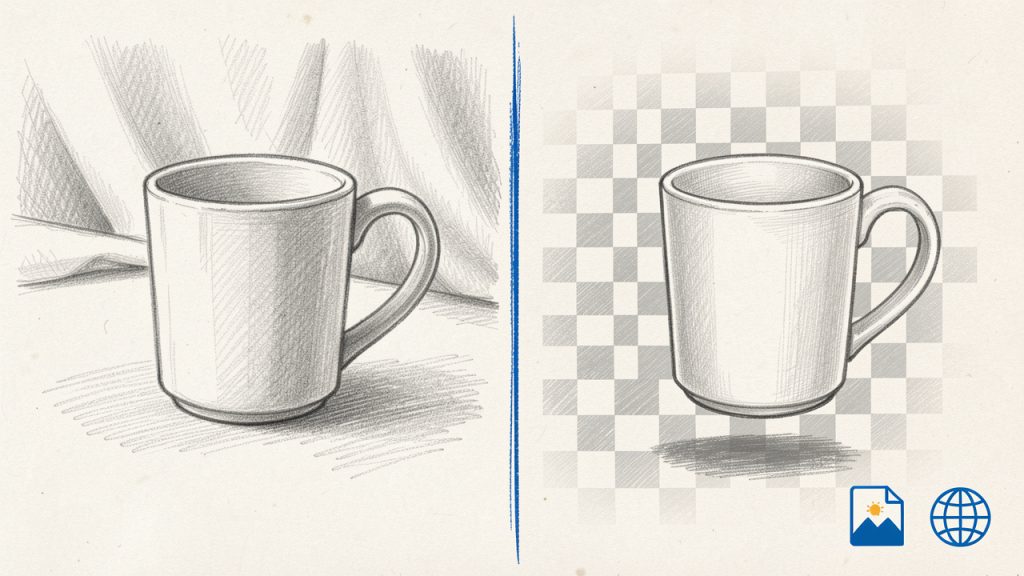 Side-by-side example: left — original product photo with background; right — the subject isolated on a transparent checkerboard (PNG), with a small label showing 'Export: PNG / WebP'. This demonstrates the expected end result of removing a background.