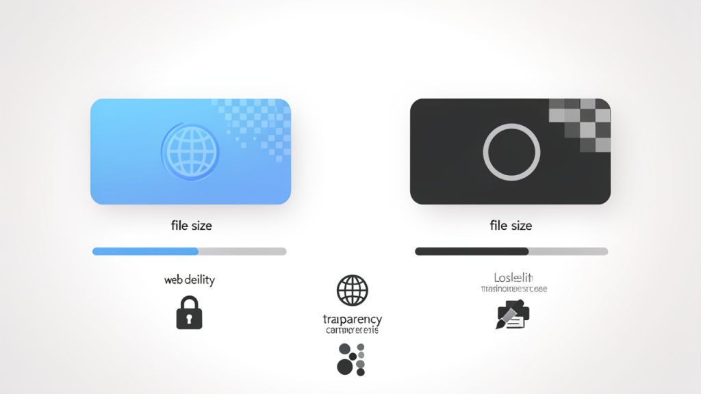 WebP'ten PNG'ye: Ne Zaman Dönüştürülmelidir, Araçlar ve Komutlar 16 Side-by-side visual comparison showing a WebP file and a PNG file: icons or thumbnails with callouts for key attributes (lossy/lossless support, typical file size, transparency support, common use cases like web delivery vs editing/printing). Include a small bar or numeric indicator showing typical file-size difference.