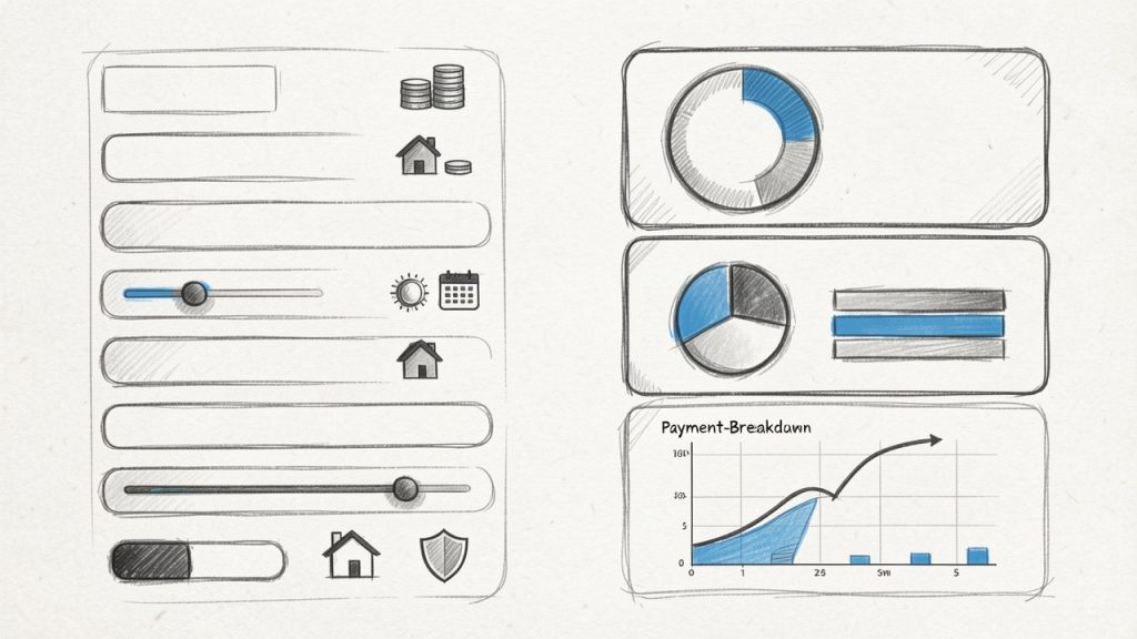 Interfaccia pulita di calcolatrice mutuo: input a sinistra ( prezzo di casa, acconto, durata mutuo, tasso di interesse, tassa proprietà, assicurazione, PMI toggle, spese HOA, pagamento mensile extra ) e risultati a destra ( mutuo mensile capitale e interessi, tasse+assicurazione+PMI, pagamento mensile totale ). Include un mini grafico di ammortamento e un grafico a torta o a barre che mostra la ripartizione del pagamento mensile.