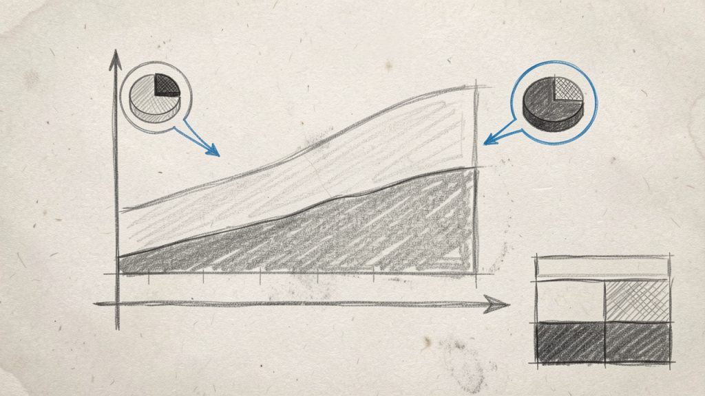 अमोर्ताइजेशन कैलकुलेटर: अपना ऋण अनुसूची और बचत देखें 3 Stacked area chart showing a single loan’s amortization over time: x-axis = time (months/years), y-axis = payment amount. The lower area (principal) grows over time while the upper area (interest) shrinks, with labels pointing to an early payment (mostly interest) and a late payment (mostly principal). Include a small table excerpt showing one month’s payment split (principal vs interest).