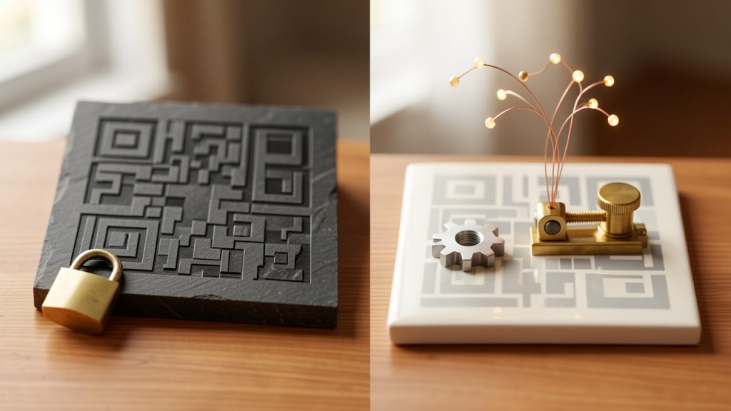 Split diagram comparing Static vs Dynamic QR codes: left side shows a static QR encoding a fixed URL (no redirect, unchangeable); right side shows a dynamic QR that points to a short redirect URL/management dashboard (editable destination, analytics layer). Include small labels: 'static — one-time payload', 'dynamic — redirect + editable destination + analytics'.