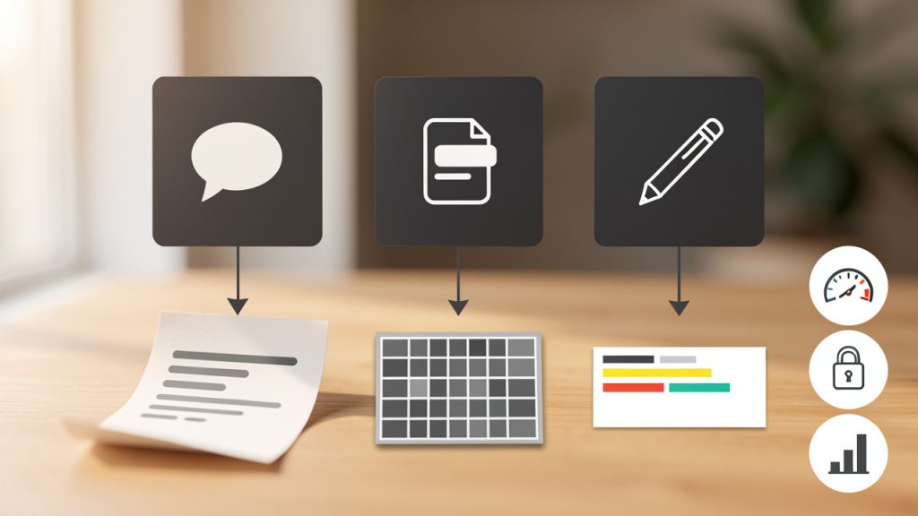 A clear, simple diagram showing the three primary interaction patterns of free AI writing tools: (1) Prompt-driven generation, (2) Template/workflow-based outputs, and (3) Inline editing assistance. Layout: three labeled boxes or columns across the top (each with an icon: chat bubble for prompts, template/document for templates, pencil/line-edit for inline), arrows from each box pointing down to example outputs (e.g., 'First draft article', 'API parameter table', 'Grammar & concision edits'). Add a small sidebar or badge noting typical free-tier constraints (usage quotas, model-size limits, feature caps). Use minimal, flat iconography and short labels so the flow is readable at small sizes.