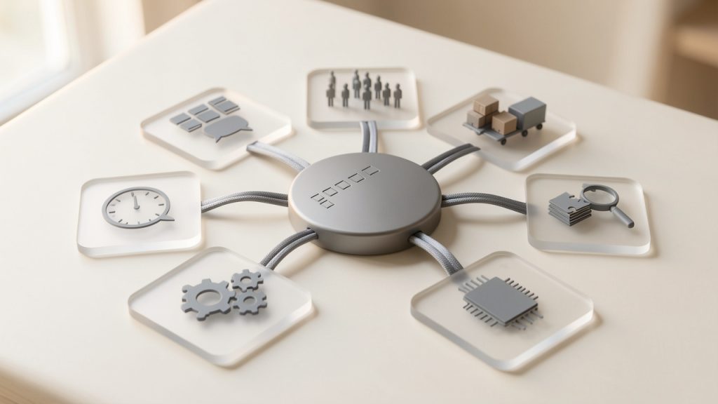 Overview diagram of the Productivity Tools Checklist as a living document: a central checklist node with branches for functional categories (task management, time tracking, communication, automation, knowledge management, developer infrastructure), and arrows showing outputs (repeatable onboarding, controlled migrations, postmortems, reduced context-switching).