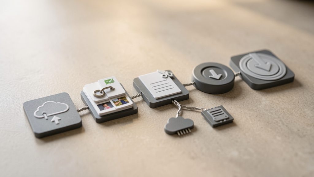 A clean linear flowchart showing the generic online-merge workflow: 1) Upload (drag-and-drop/file picker icon), 2) Reorder (thumbnails with drag handles), 3) Trim/Select pages (scissors or checkbox on a page), 4) Merge (button with progress spinner), 5) Download (down-arrow to disk). Include a small note under step 4 that some tools process in-browser while others upload to a server (two tiny branch icons).