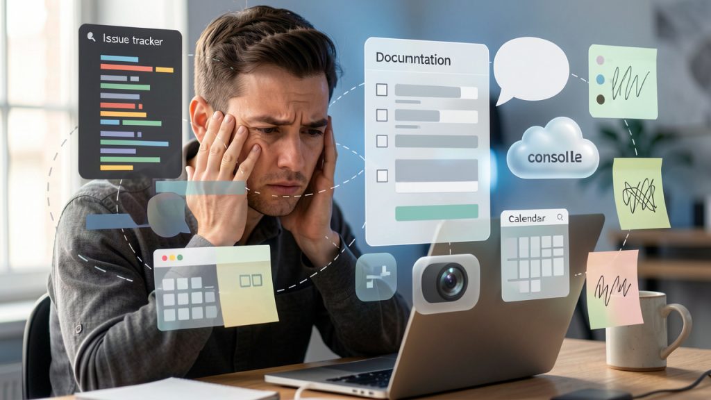 Productivity Tools for Work: Build a Focused Stack 5 A knowledge worker at a desk overwhelmed by many floating app windows and icons