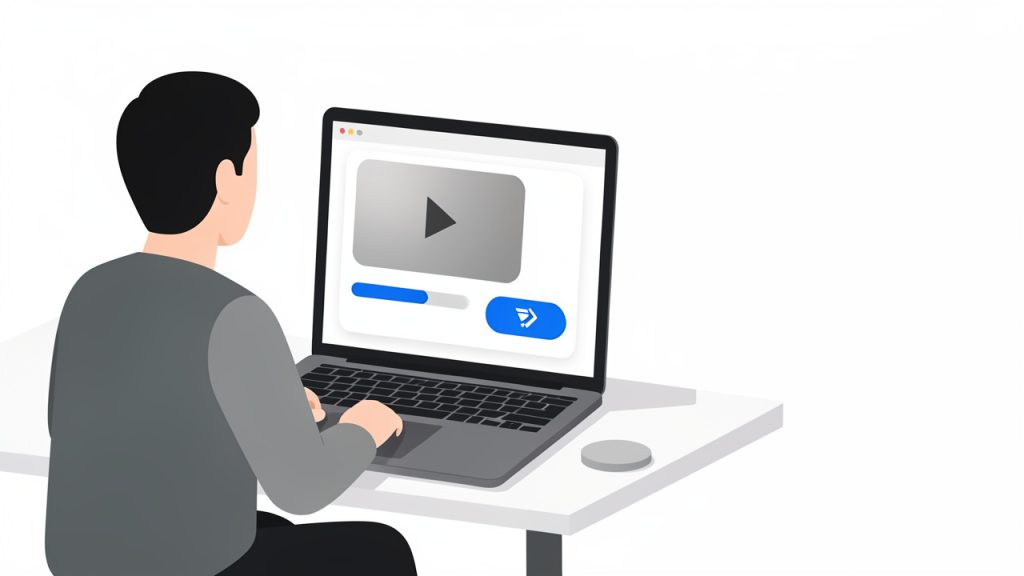 Person at a laptop using an online video compressor, showing an upload progress bar and a prominent 'Compress' button