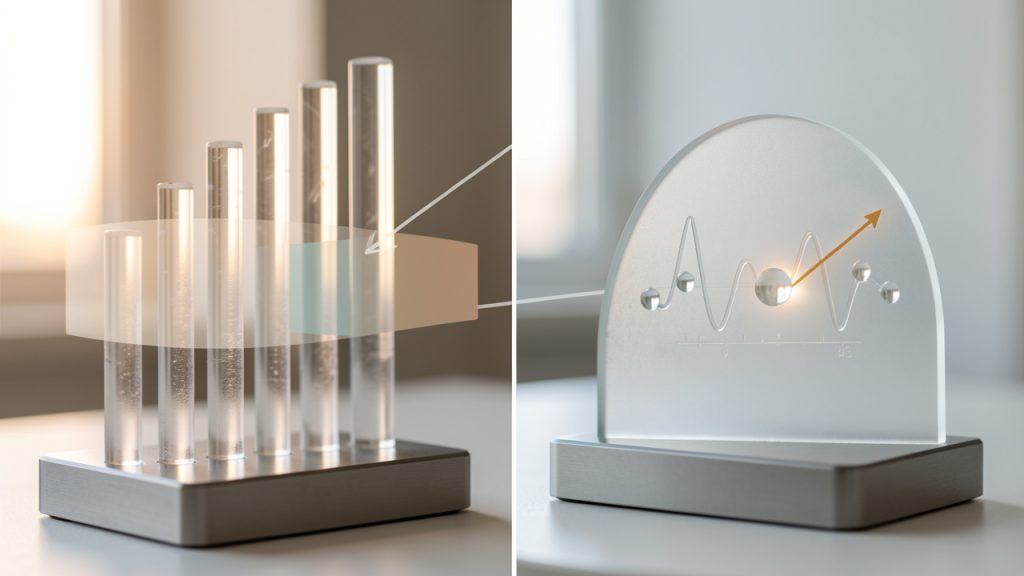 A two-panel chart showing audio quality vs file size for MP3 bitrates (64, 96, 128, 160, 192, 320 kbps) and a separate table or annotated frequency-axis showing common sample rates (22.05 kHz, 24 kHz, 44.1 kHz, 48 kHz). Use arrows/labels to indicate recommended targets (128 kbps acceptable; 160–192 kbps for polished narration; 44.1 kHz as safer default).