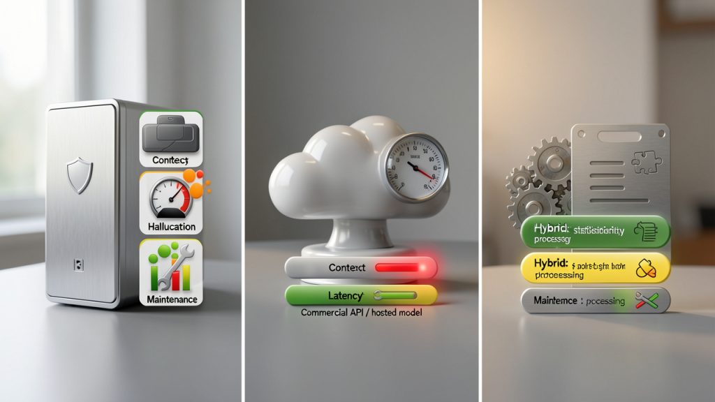 A comparative architecture visualization that contrasts three backend approaches: (A) Open-source self-hosted transformer (server icon on-prem with a shield for privacy), (B) Commercial API / hosted model (cloud icon with speed / latency meter), and (C) Hybrid/statistical + deterministic post-processing (gear + rule-sheet). For each column include short metrics/annotations: Context window (small/medium/large), Typical latency (low/medium/high), Hallucination risk (low/medium/high), Maintenance cost (high/low/medium). Use color-coded icons or bars to make trade-offs immediately visible.