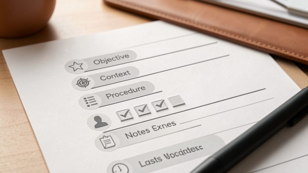 A clean, labeled template mockup of a New Manual Post page, with sections for Title, Objective, Context, Procedure, Owner, Notes/Exceptions, and Last Updated. Show an example short checklist in the Procedure area to illustrate actionable steps.