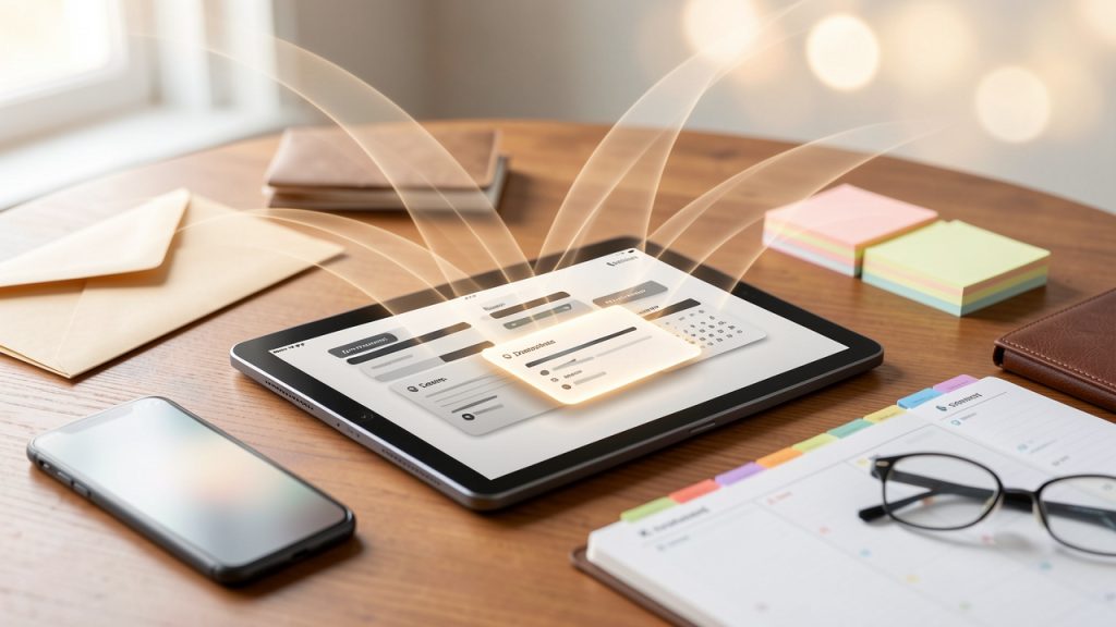 A funnel or hub-and-spoke diagram showing multiple sources (email, chat, issue tracker, personal notes, meetings) feeding into a single central dashboard that displays a combined view of tasks, deadlines, and calendar blocks. Emphasize that the central view enables prioritization and reduces hidden commitments.