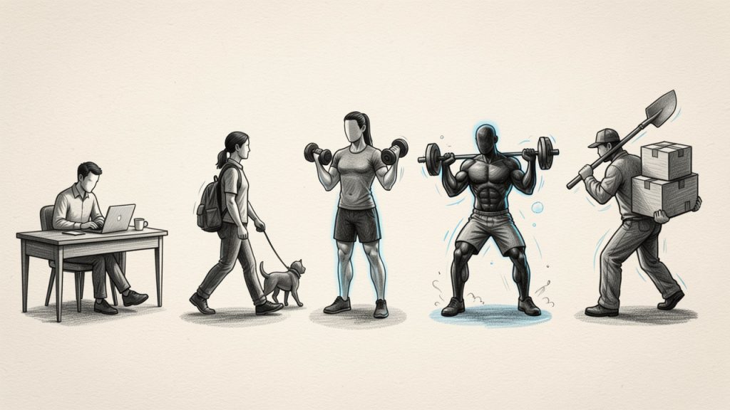 Visual table of activity levels: five illustrated silhouettes or icons (desk worker, light walker, gym-goer, frequent trainer, manual laborer) with their labels, multipliers (1.2, 1.375, 1.55, 1.725, 1.9), and one-sentence typical profile under each.