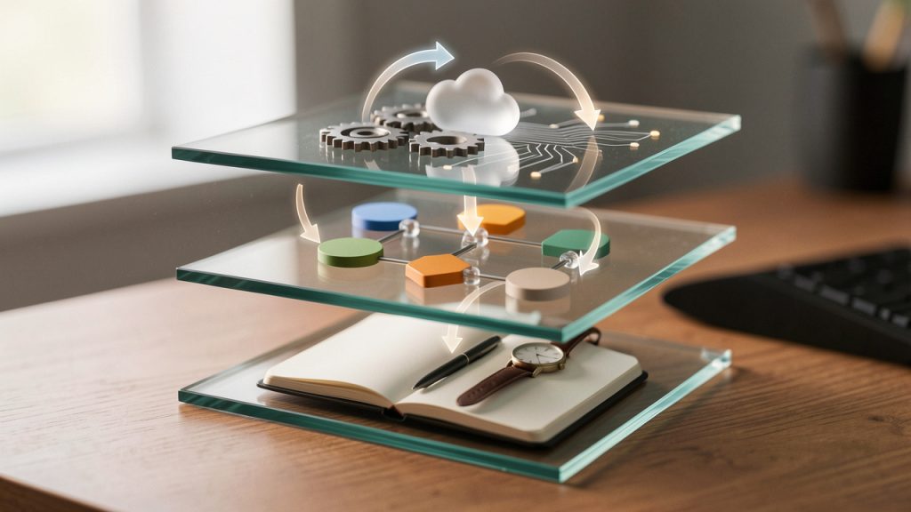 Productivity Tools for Work: Build a Focused Stack 6 A three-layered stack diagram for developers: personal execution, team coordination, workflow automation