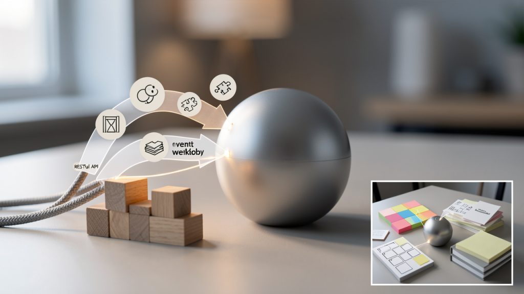Integration diagram illustrating interoperability patterns: RESTful APIs, event webhooks, SDKs feeding into an orchestration/synchronization layer. Show concerns to evaluate (idempotency, rate limiting, pagination, schema stability) as callouts on the API arrows, and include a small inset showing an orchestration service reconciling state across calendar, task manager, and knowledge base.