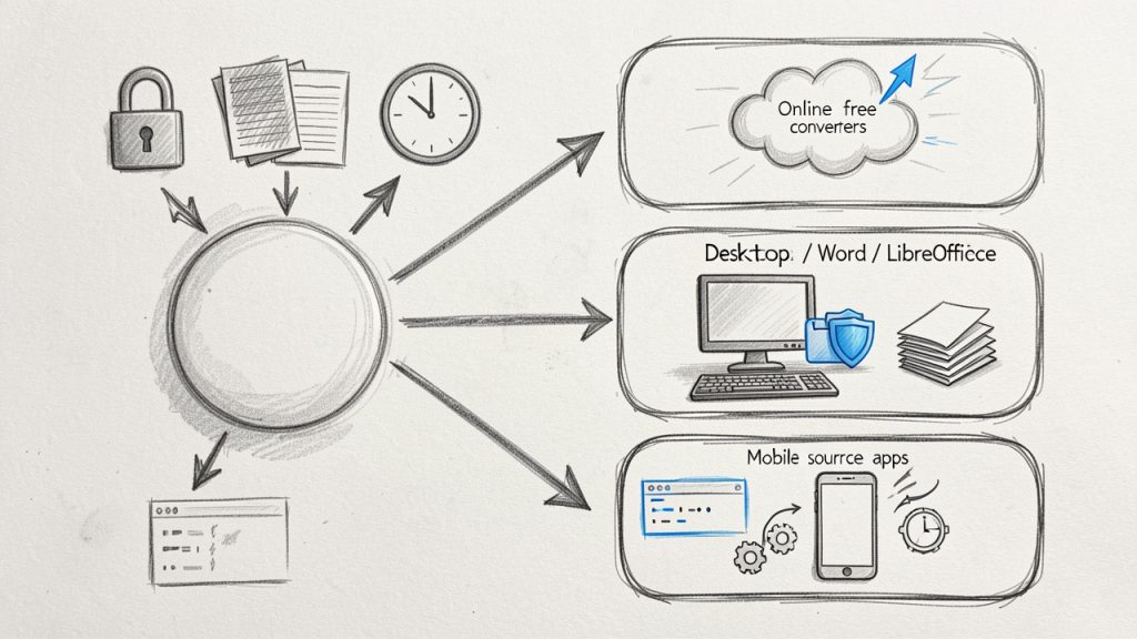 Decision flowchart that helps choose a conversion method: start with three questions (document sensitivity, layout complexity, frequency). Branch to online free converters (fast, upload), desktop/Word/LibreOffice (local, better for privacy/large/batch), open-source/CLI (scriptable, technical), or mobile apps (on-the-go).