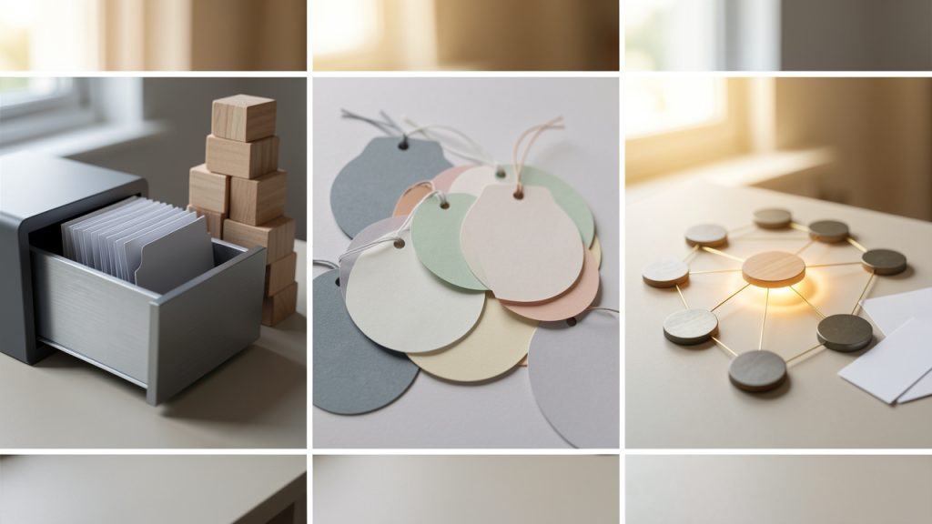 A comparative illustration with three panels: (1) a hierarchical folder tree (filing cabinet) labeled "Folders", (2) a tag cloud with overlapping tags labeled "Tags", and (3) a network graph of interconnected nodes labeled "Backlinks / Graph". Include a small caption under each panel summarizing trade-offs (e.g., "stable hierarchy", "flexible multi-context", "idea discovery").