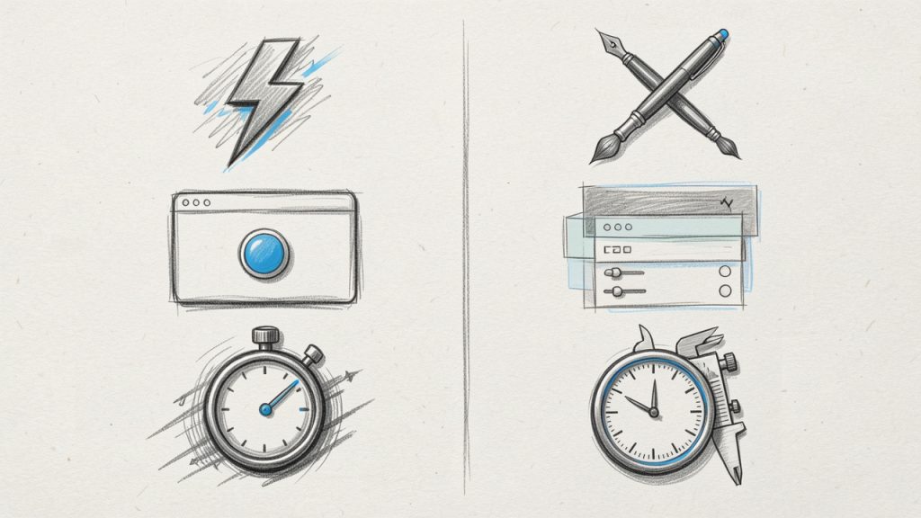 Simple two-column diagram comparing approaches: one column labeled 'Automated' with a lightning bolt icon, a one-click web tool screenshot thumbnail, and a stopwatch indicating speed; the other column labeled 'Manual' with a brush and pen icon, a layered editor thumbnail, and a control/precision icon, plus a small caption 'Speed vs Control'.