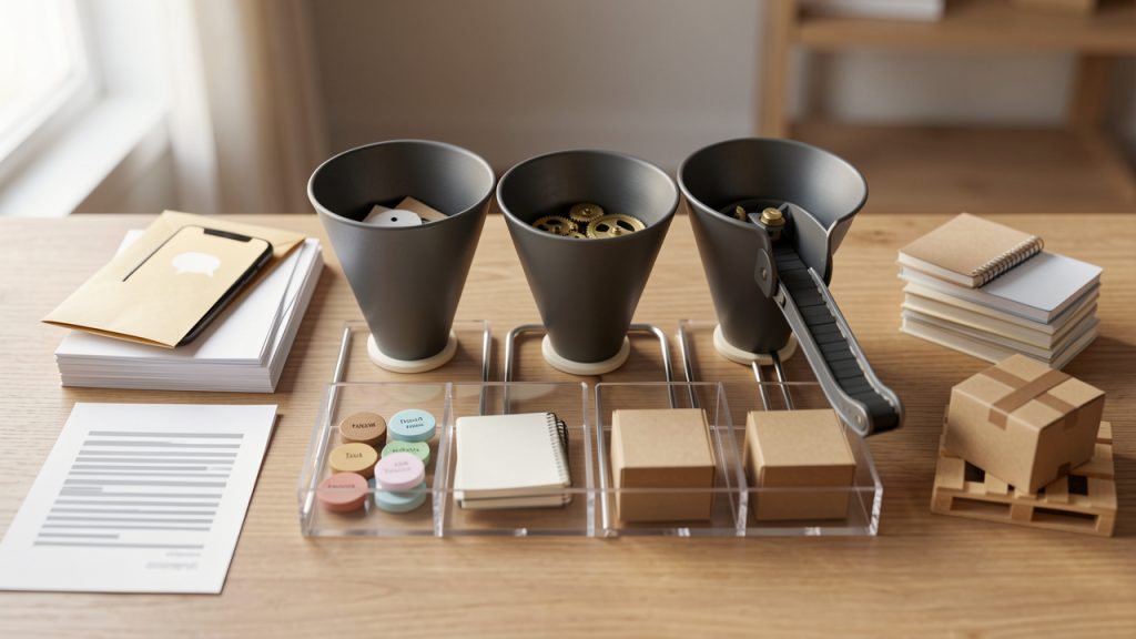 A system-architecture diagram for attention: inputs (email, chat, meeting notes, PRs) flow into three labeled funnels/channels (Capture, Process/Organize, Execute) with processing rules boxes that route items into Task System, Knowledge Base, or Archive. Outputs (scheduled work, documented decisions, completed deliverables) come out the other side. Use clear labels for channels and routing decisions.