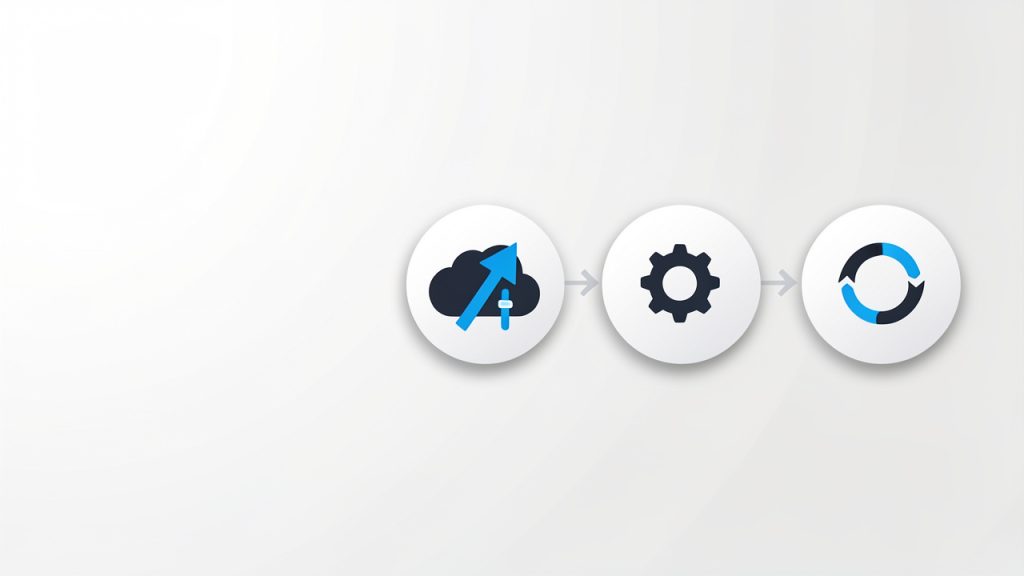 A simple four-step flow graphic: 1) Upload (arrow into cloud), 2) Select/Adjust settings (gear or sliders), 3) Convert/Process (spinning/processing icon), 4) Download & Inspect (download arrow and magnifying glass). Each step shown with a clear icon and short label to illustrate the getting-started process.