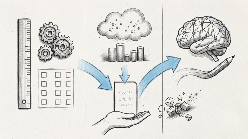 A simple infographic illustrating how modern grammar checkers work: three parallel lanes labeled 'Rule-based checks' (handwritten rules → flagged errors), 'Statistical models' (corpus comparison → probability-based suggestions), and 'AI/suggestions' (neural model → rewrite suggestions), with arrows merging into 'User suggestions' and a note 'May overcorrect / can miss jargon'.