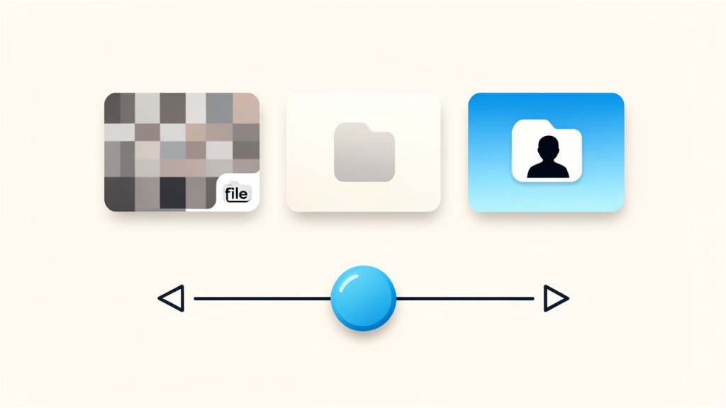 File size versus quality: a slider showing compression trade-offs with three thumbnails representing high, medium, and low quality