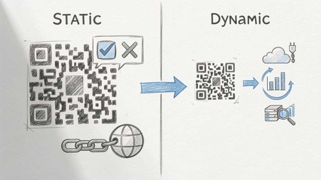 Side-by-side diagram comparing static vs dynamic QR codes: left encodes a full URL, right points to a provider-managed redirect with editable destination and analytics