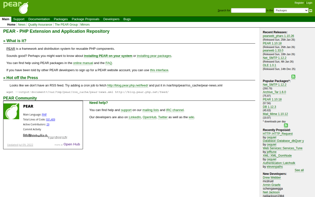Screenshot di pear.php.net