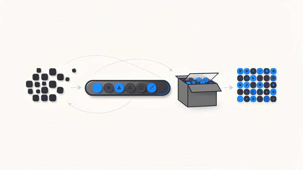 Come convertire Base64 in file immagine (Guida rapida) 10 Visual metaphor showing raw image bytes being 'packed' into a Base64 text string and then unpacked back into bytes — include a simple conveyor: bytes (binary) -> Base64 characters (A–Z, a–z, 0–9, +, /, =) boxed for transport -> decoded bytes (image file).