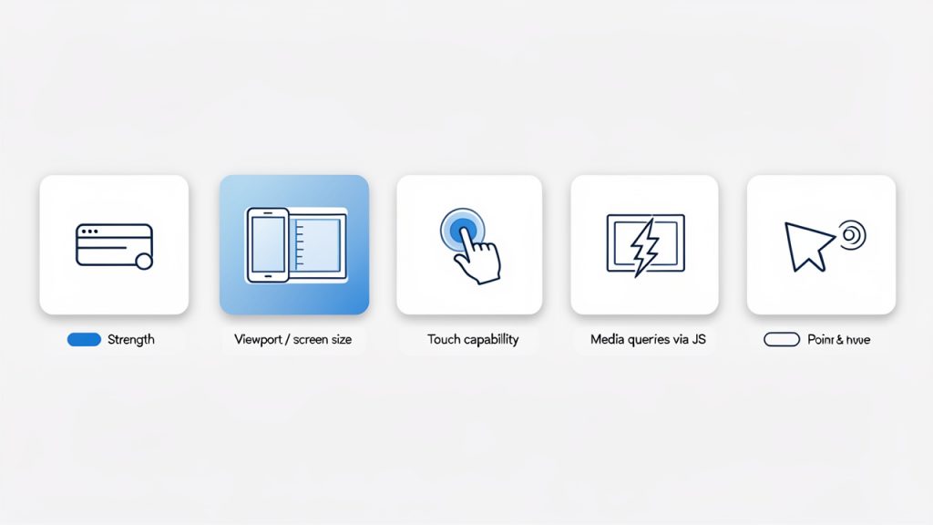 الكشف عن الأجهزة المحمولة في جافا سكريبت — مبني على القدرات أولاً 14 Infographic showing main detection methods as tiles: User agent, Viewport, Touch, Media queries, Pointer & hover